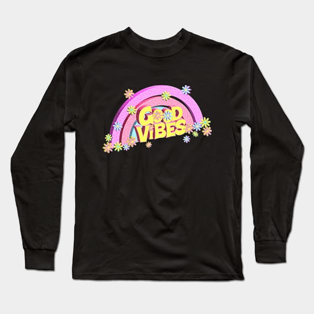 3D Flowers Retro Rainbow Good Vibes Long Sleeve T-Shirt by Jitterfly